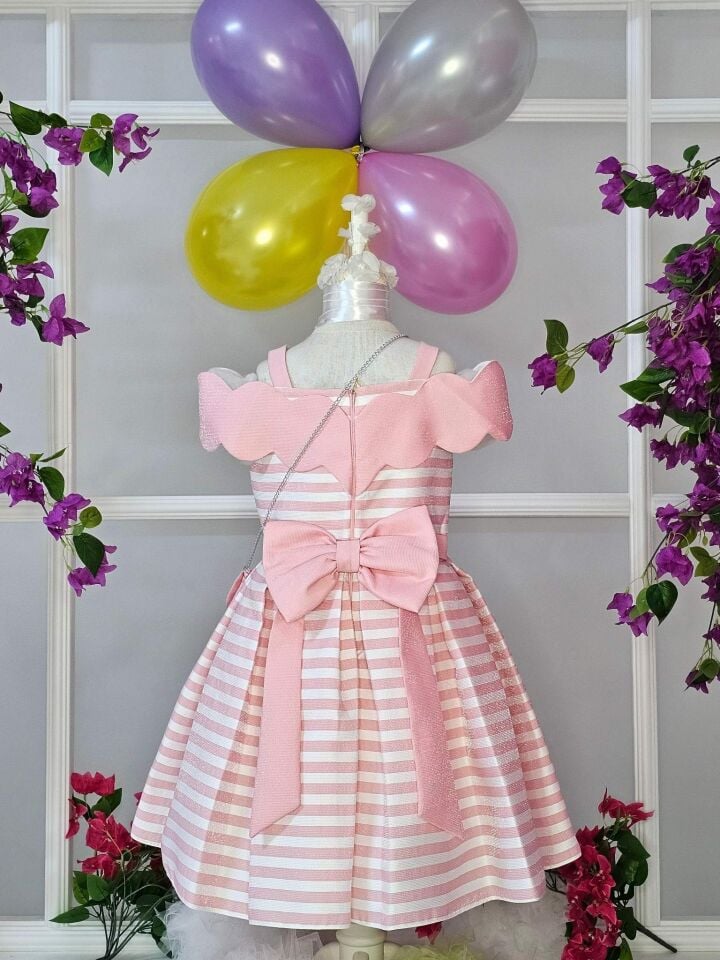 Omuz Detaylı Dokuma Elbise ve Çantası - Pembe