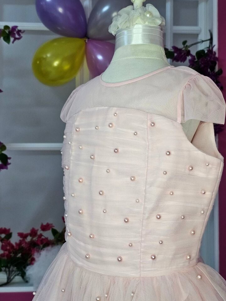 İnci Detaylı Tül Elbise - Pembe