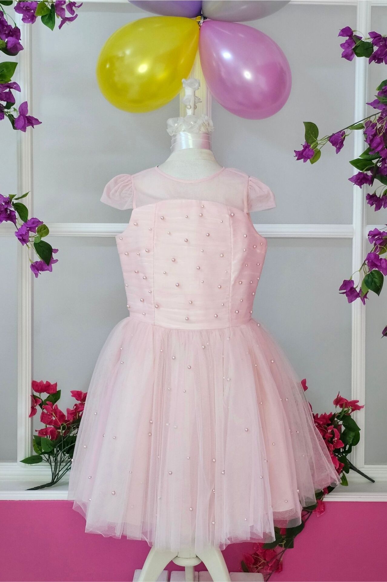 İnci Detaylı Tül Elbise - Pembe