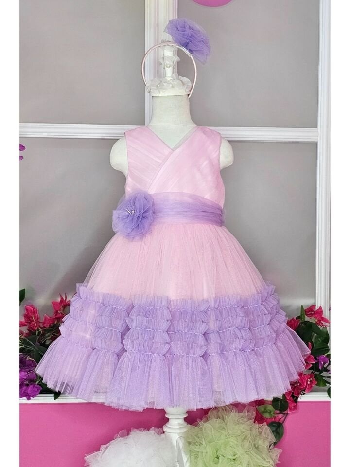 Pembe/Lila Tül Katmanlı Elbise