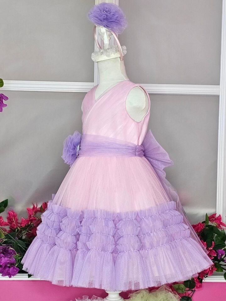 Pembe/Lila Tül Katmanlı Elbise