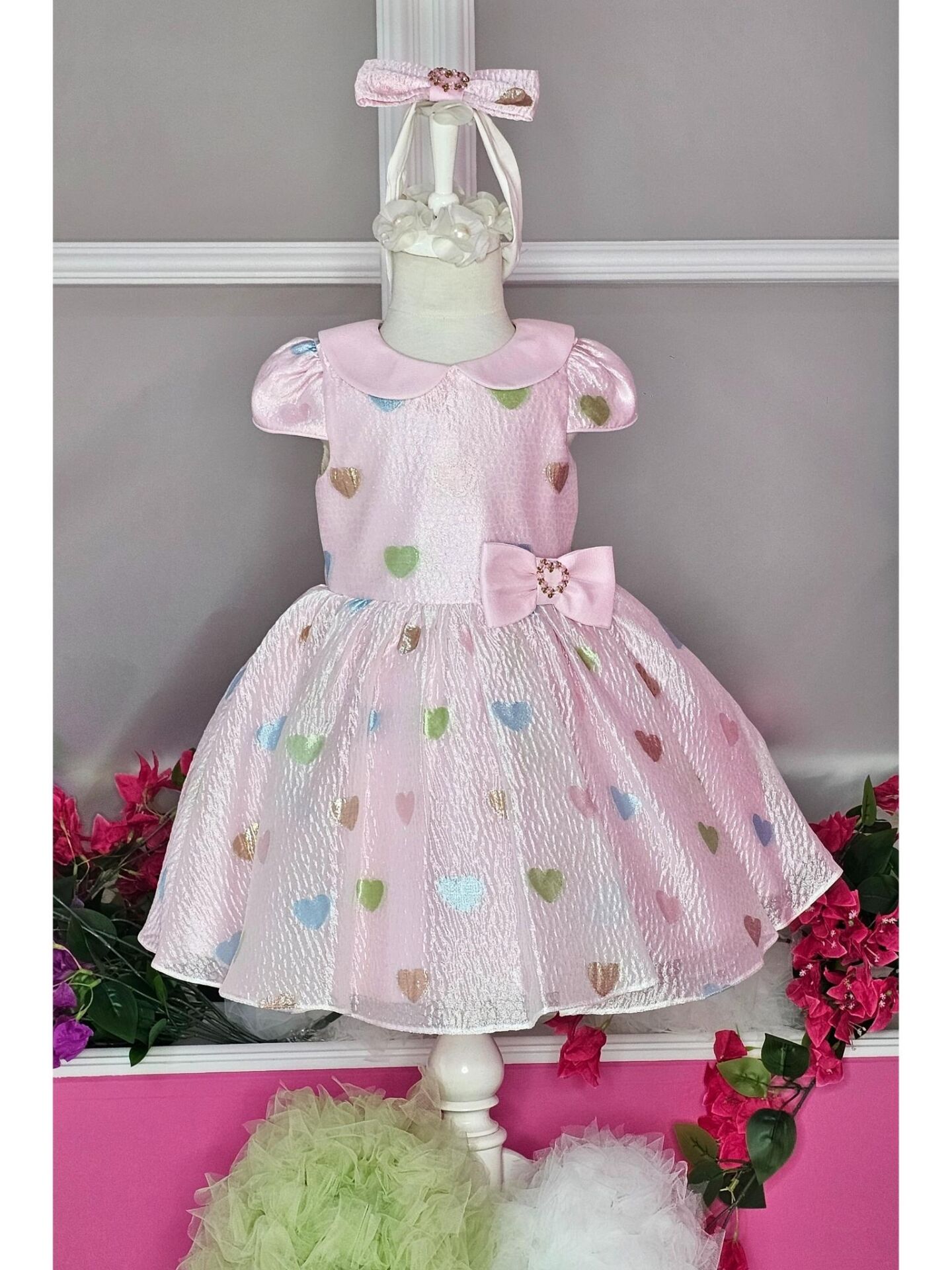 Kalp Desenli Bebe Yaka Elbise - Pembe