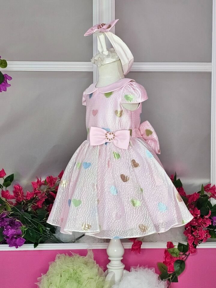 Kalp Desenli Bebe Yaka Elbise - Pembe