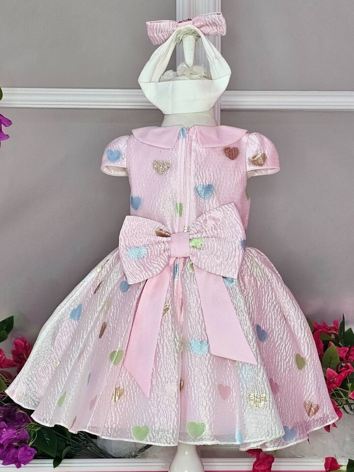 Kalp Desenli Bebe Yaka Elbise - Pembe