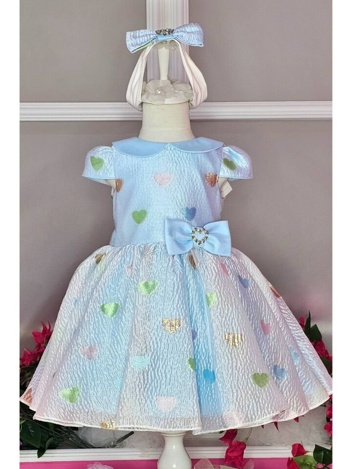 Kalp Desenli Bebe Yaka Elbise - Mavi