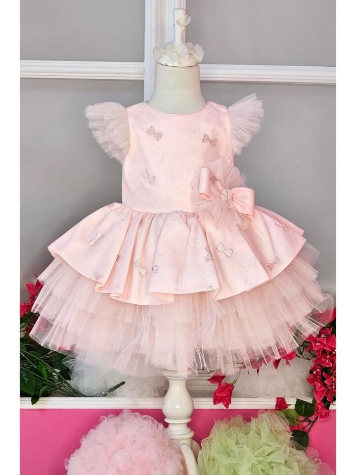 Fiyonk Detaylı Tütülü Elbise - Pembe