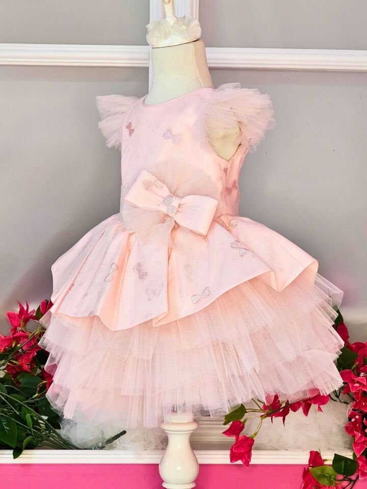 Fiyonk Detaylı Tütülü Elbise - Pembe